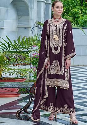 Wine Embroidered Georgette Kurta Set