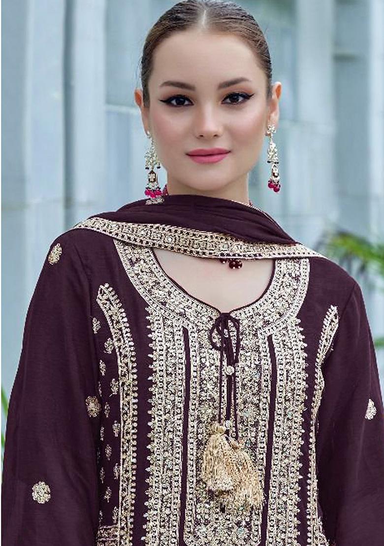 Wine Embroidered Georgette Kurta Set