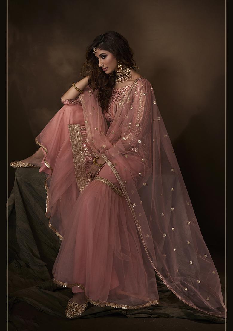 Pink Embroidered Net Kurta Set