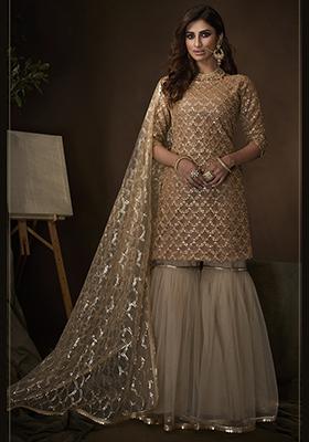 Beige Embroidered Net Kurta Set