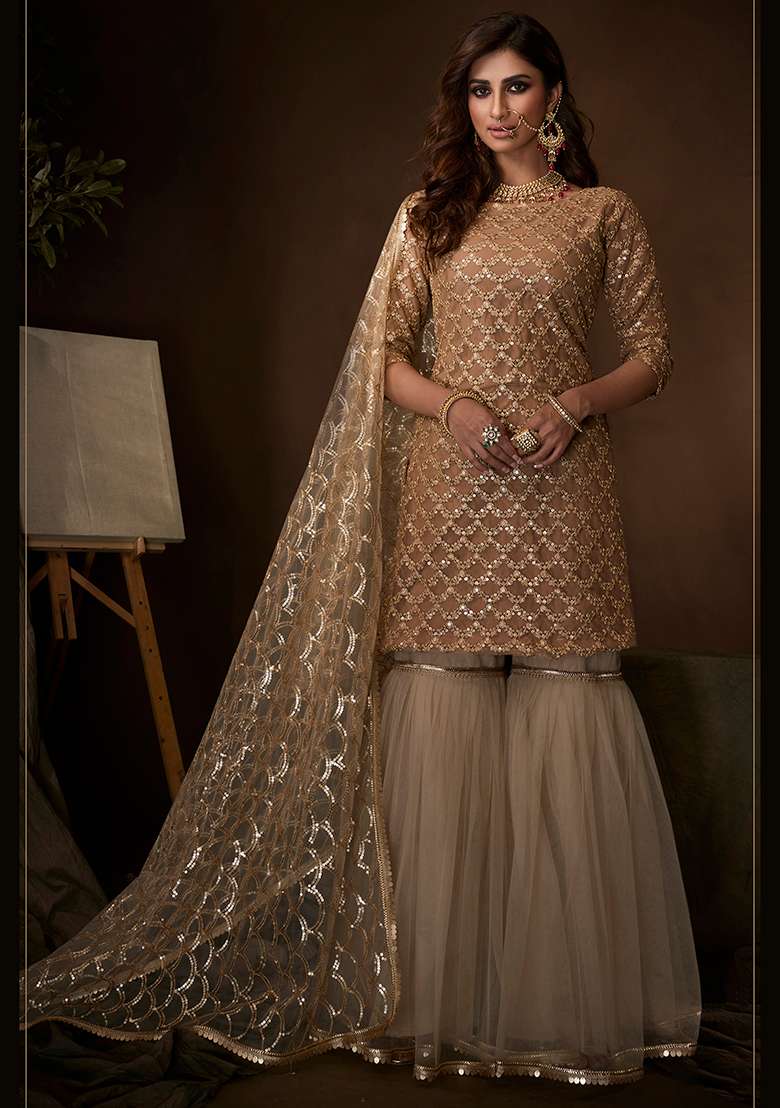Beige Embroidered Net Sharara Set - Indya