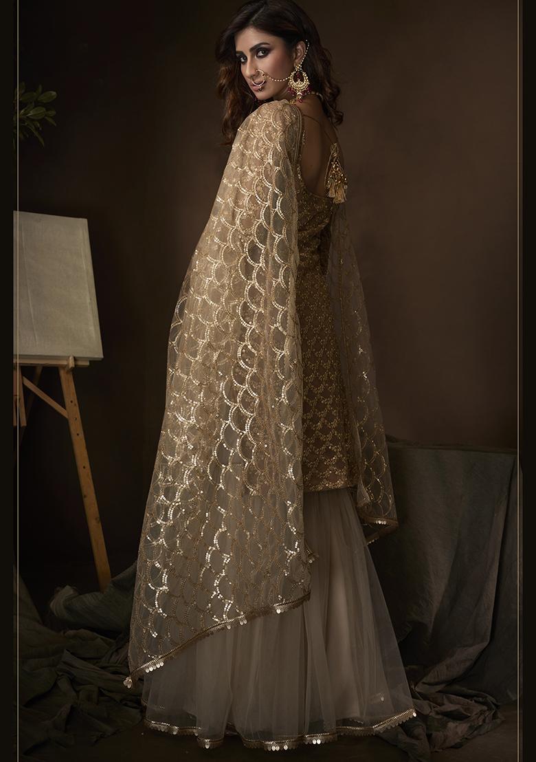 Beige Embroidered Net Kurta Set