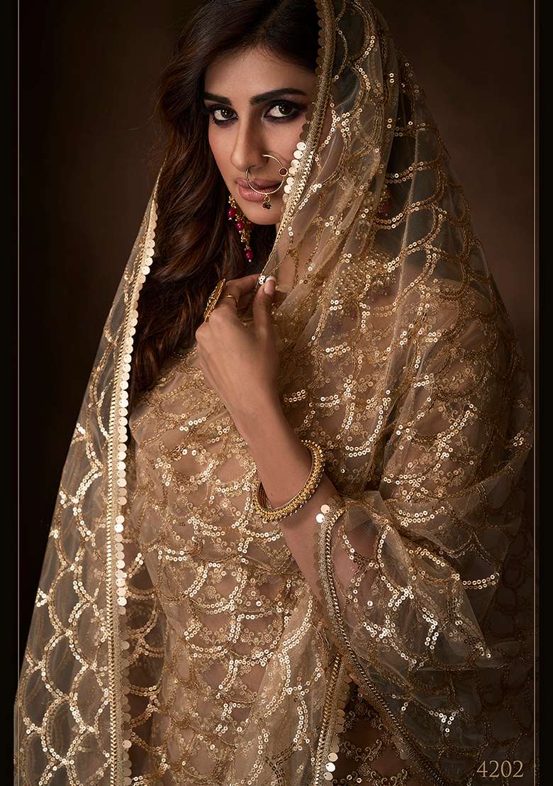 Beige Embroidered Net Sharara Set - Indya