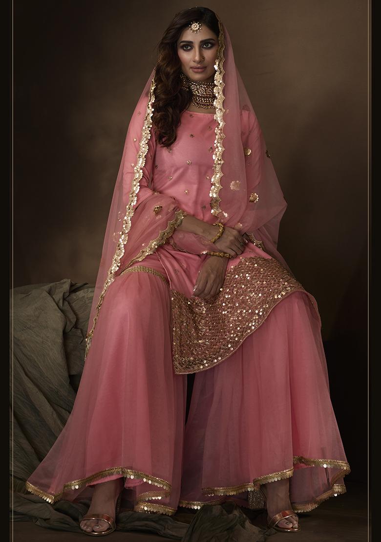 Pink Embroidered Net Kurta Set