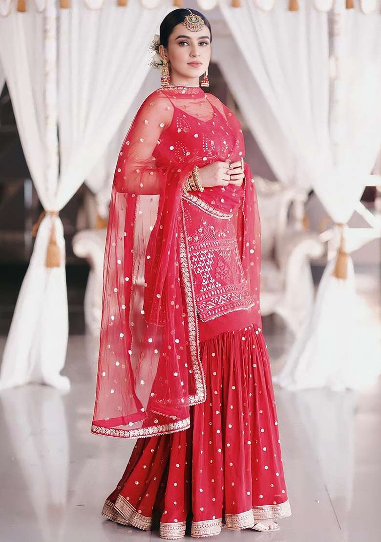 Red Embroidered Georgette Sharara Set - Indya