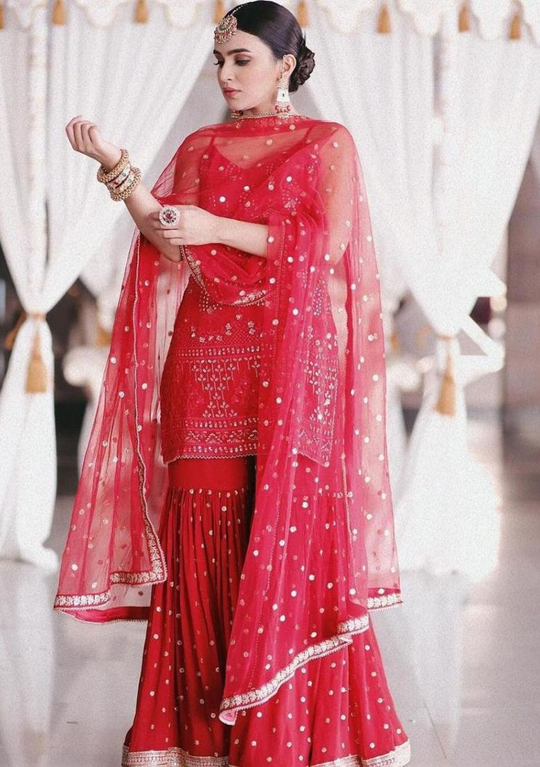 Red Embroidered Georgette Kurta Set