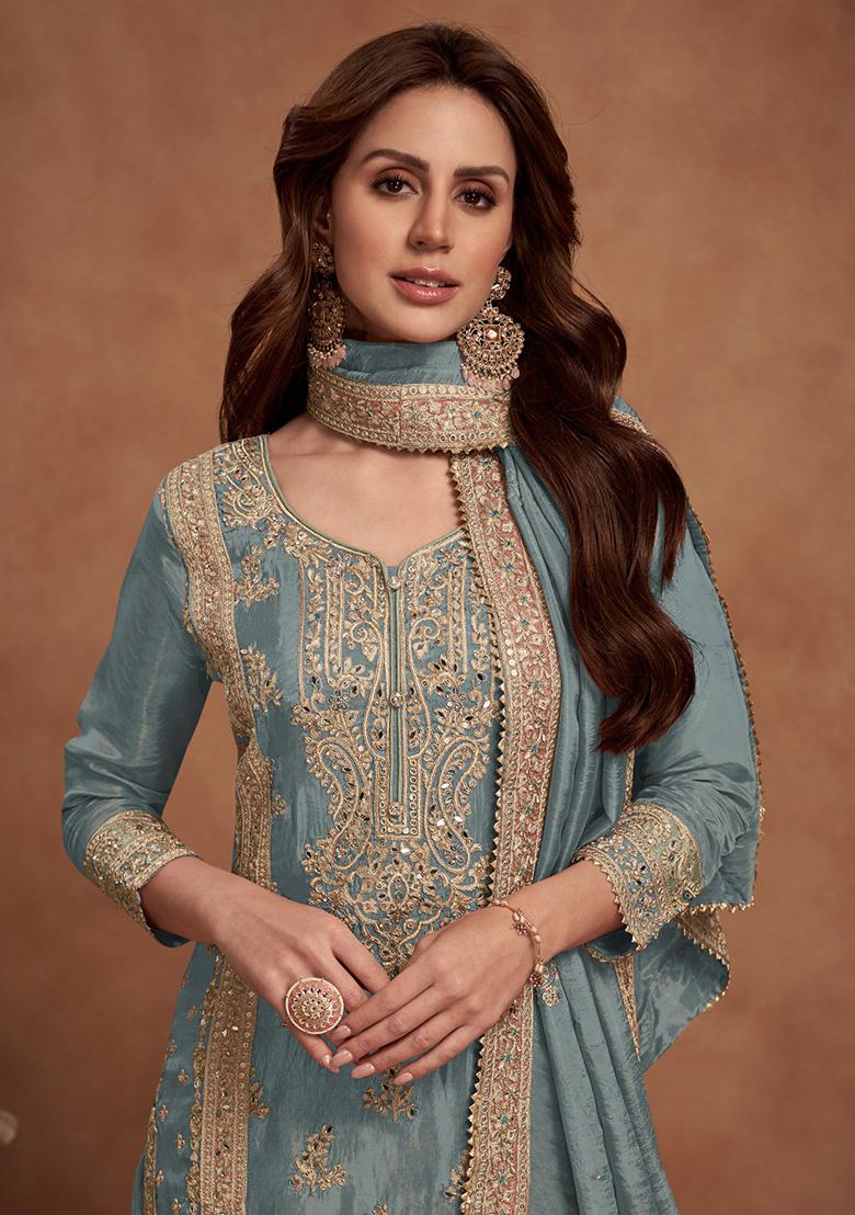 Sky Blue Embroidered Vichitra Suit Kurta Set