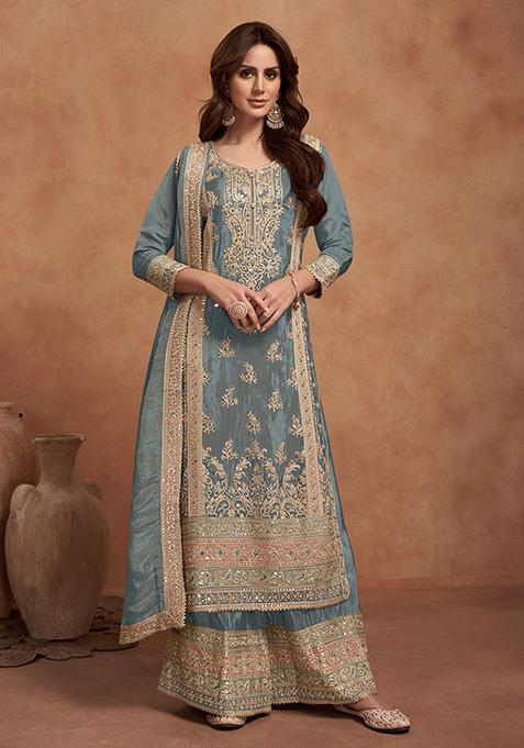 Sky Blue Embroidered Vichitra Suit Kurta Set