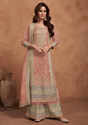 Peach Embroidered Vichitra Kurta Set