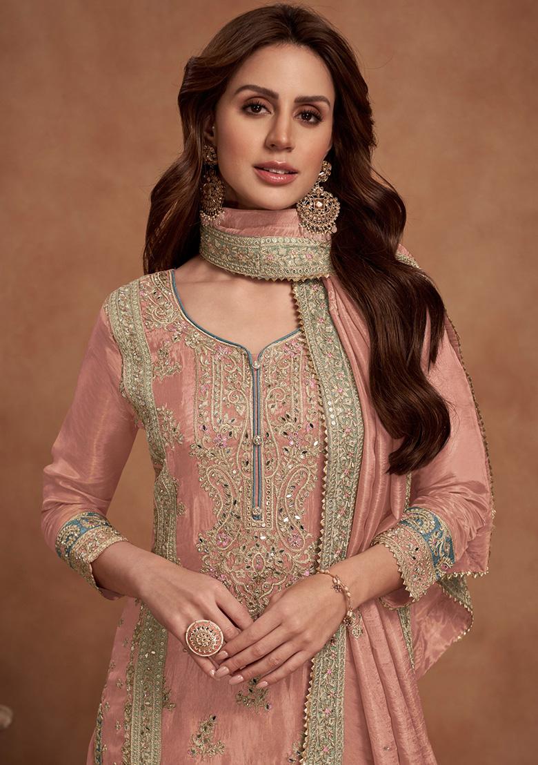 Peach Embroidered Vichitra Kurta Set