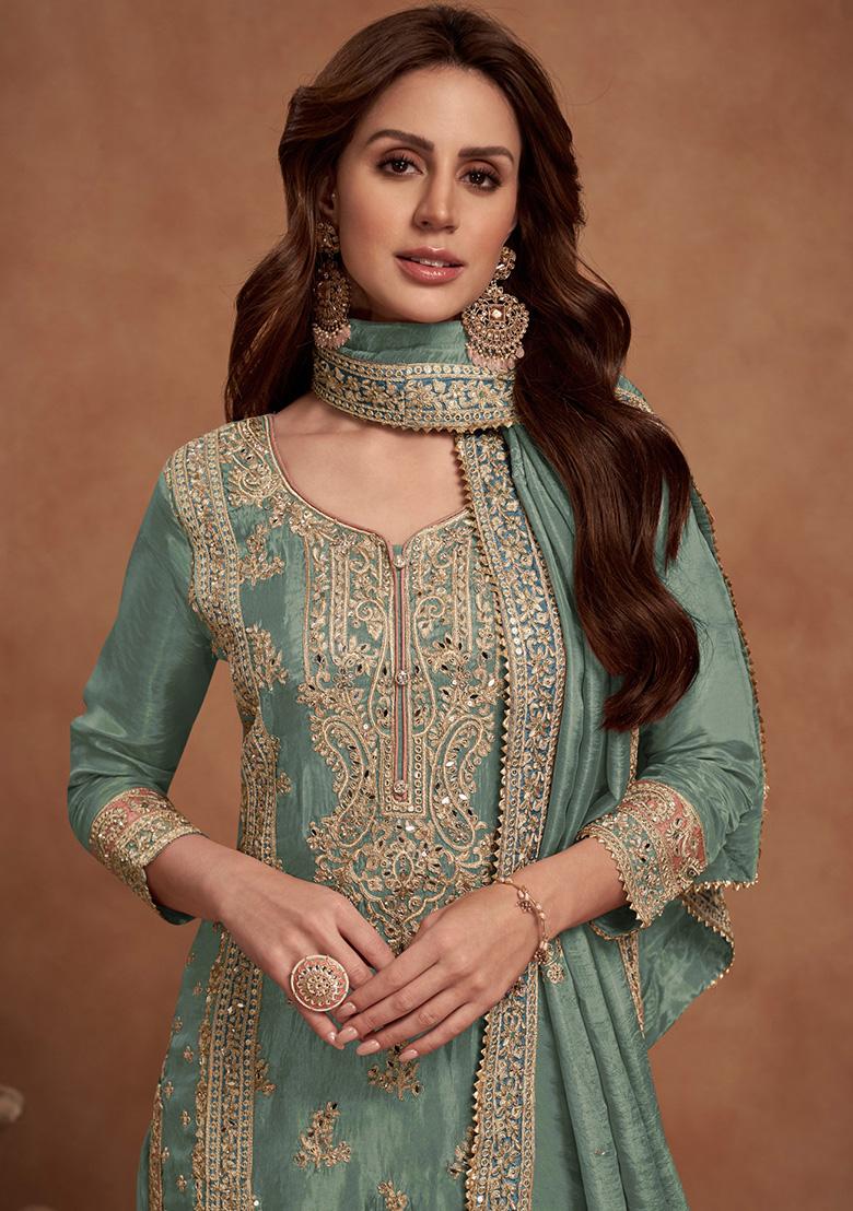 Sea Green Embroidered Vichitra Kurta Set