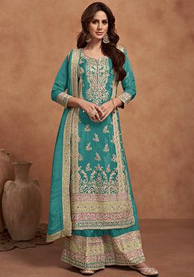 Firozi Pink Embroidered Vichitra Kurta Set