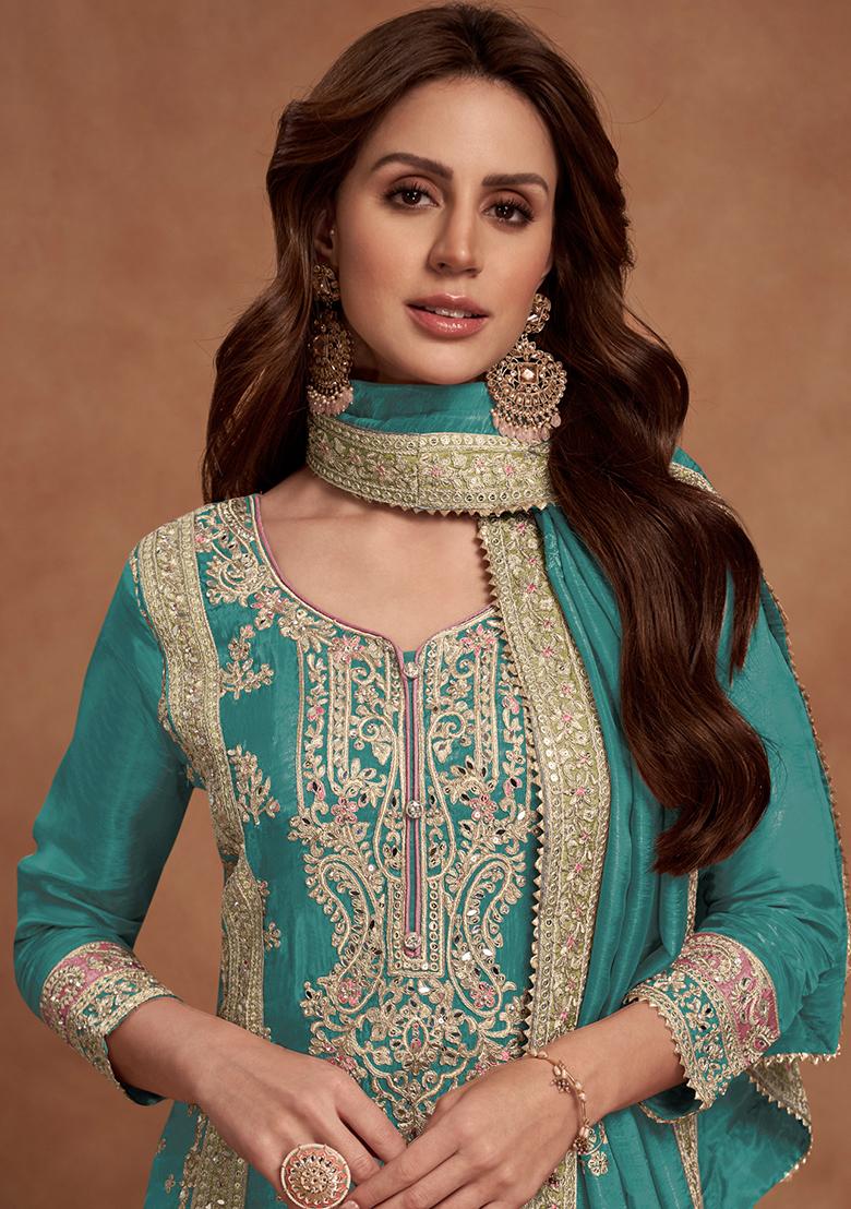 Firozi Pink Embroidered Vichitra Kurta Set