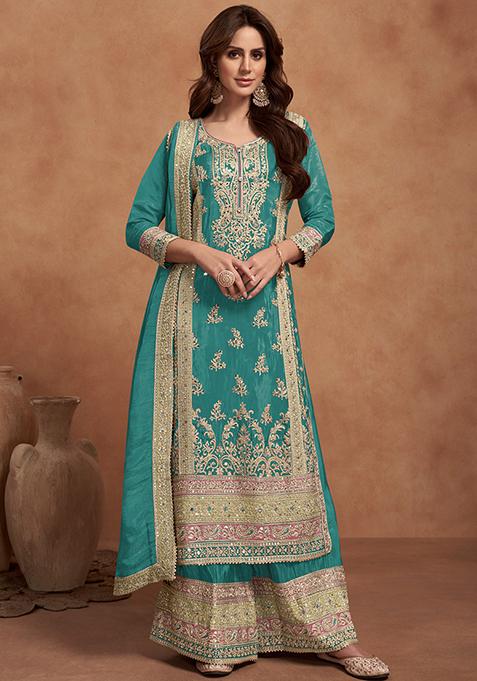 Firozi Pink Embroidered Vichitra Kurta Set