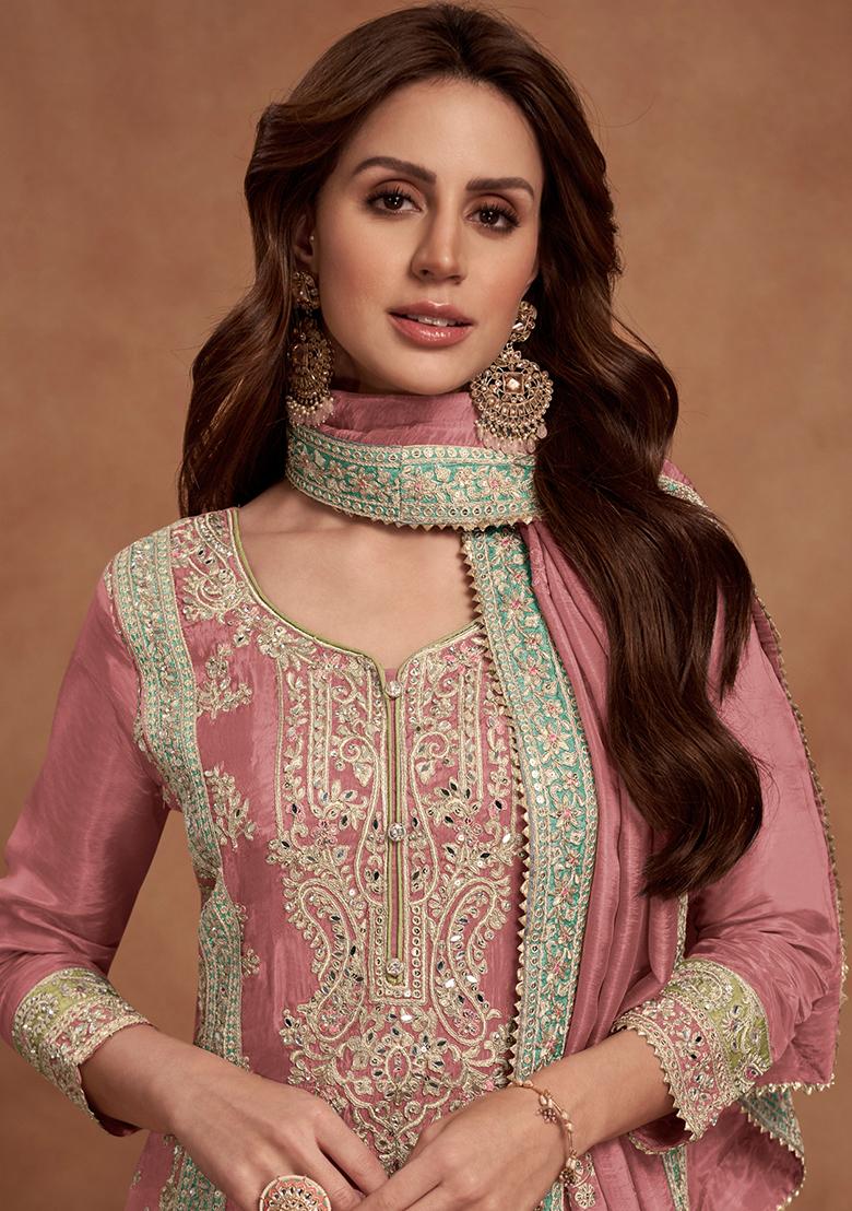 Pink Embroidered Vichitra Kurta Set