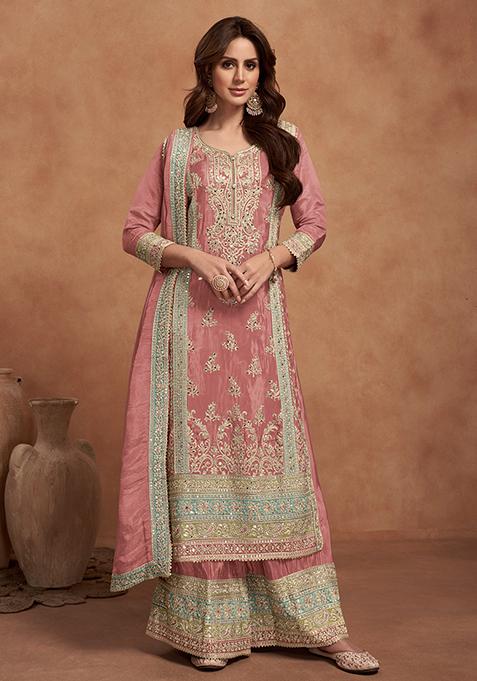 Pink Embroidered Vichitra Kurta Set