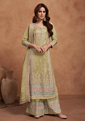 Pista Green Embroidered Vichitra Kurta Set