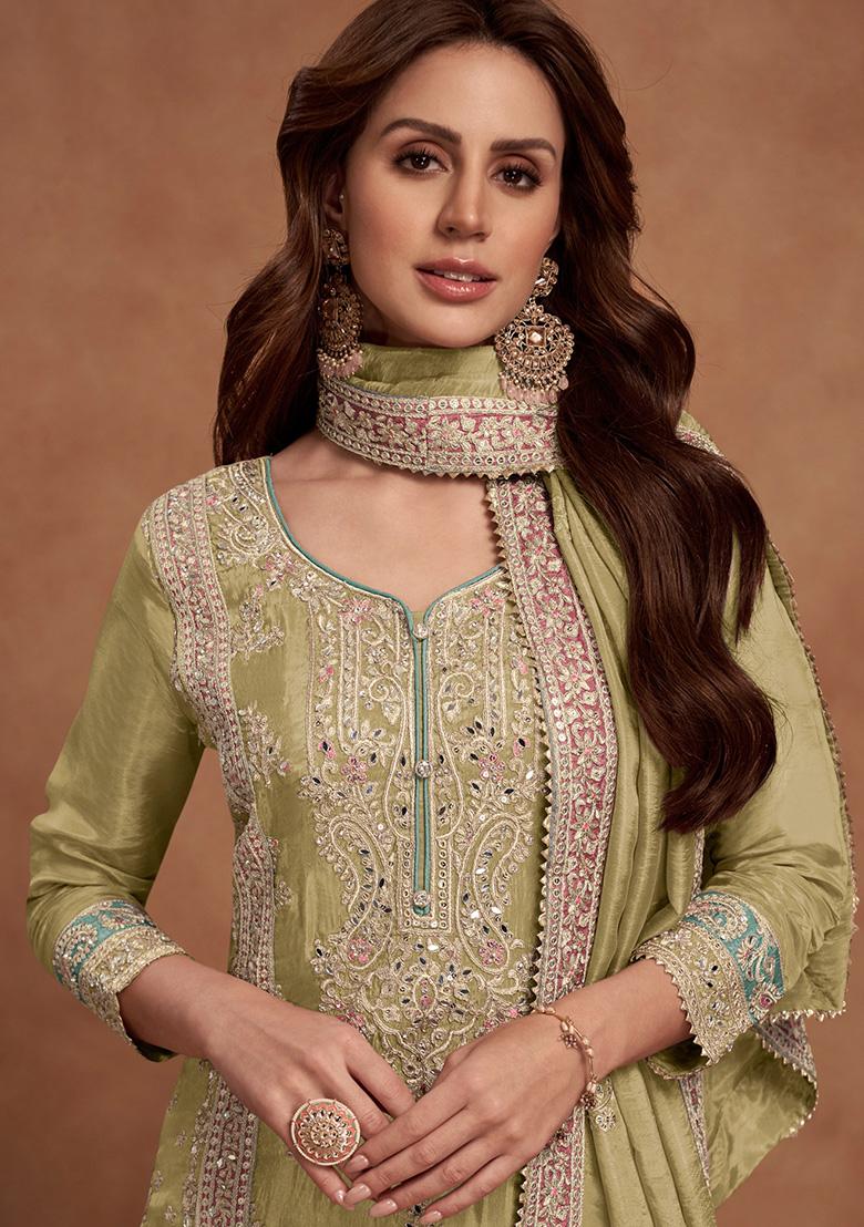 Pista Green Embroidered Vichitra Kurta Set