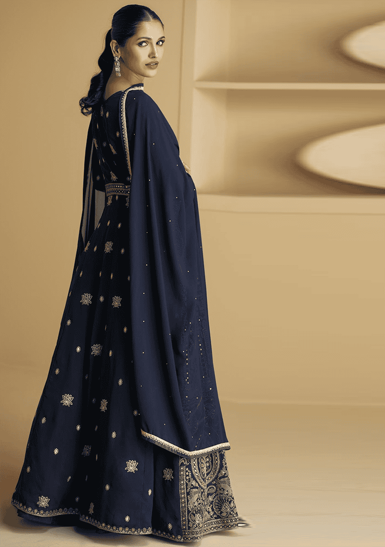 Navy Blue Embroidered Georgette Kurta Set