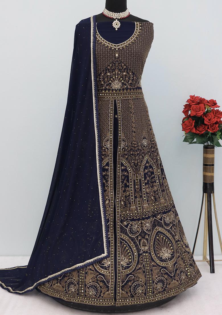 Navy Blue Embroidered Georgette Kurta Set