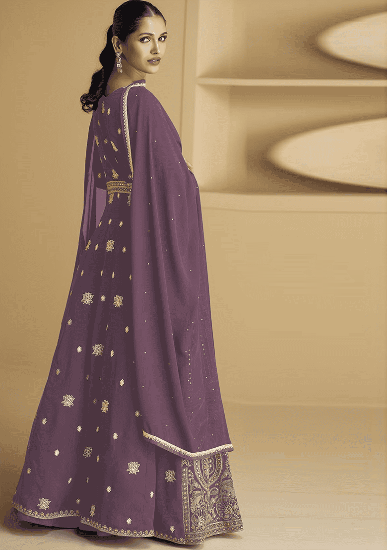 Onion Pink Embroidered Georgette Kurta Set