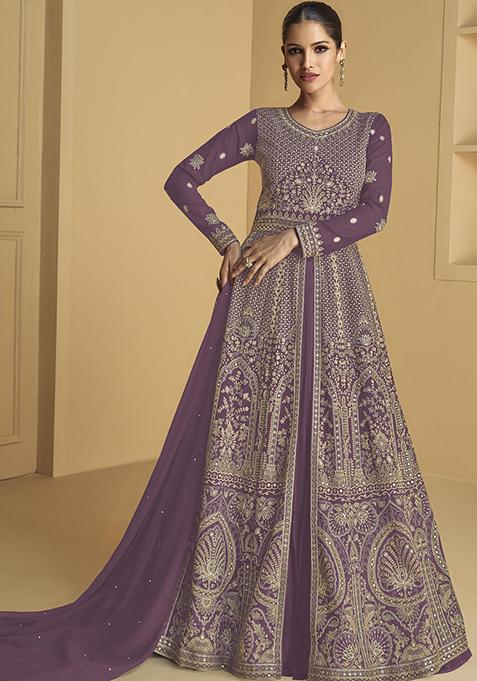 Onion Pink Embroidered Georgette Kurta Set