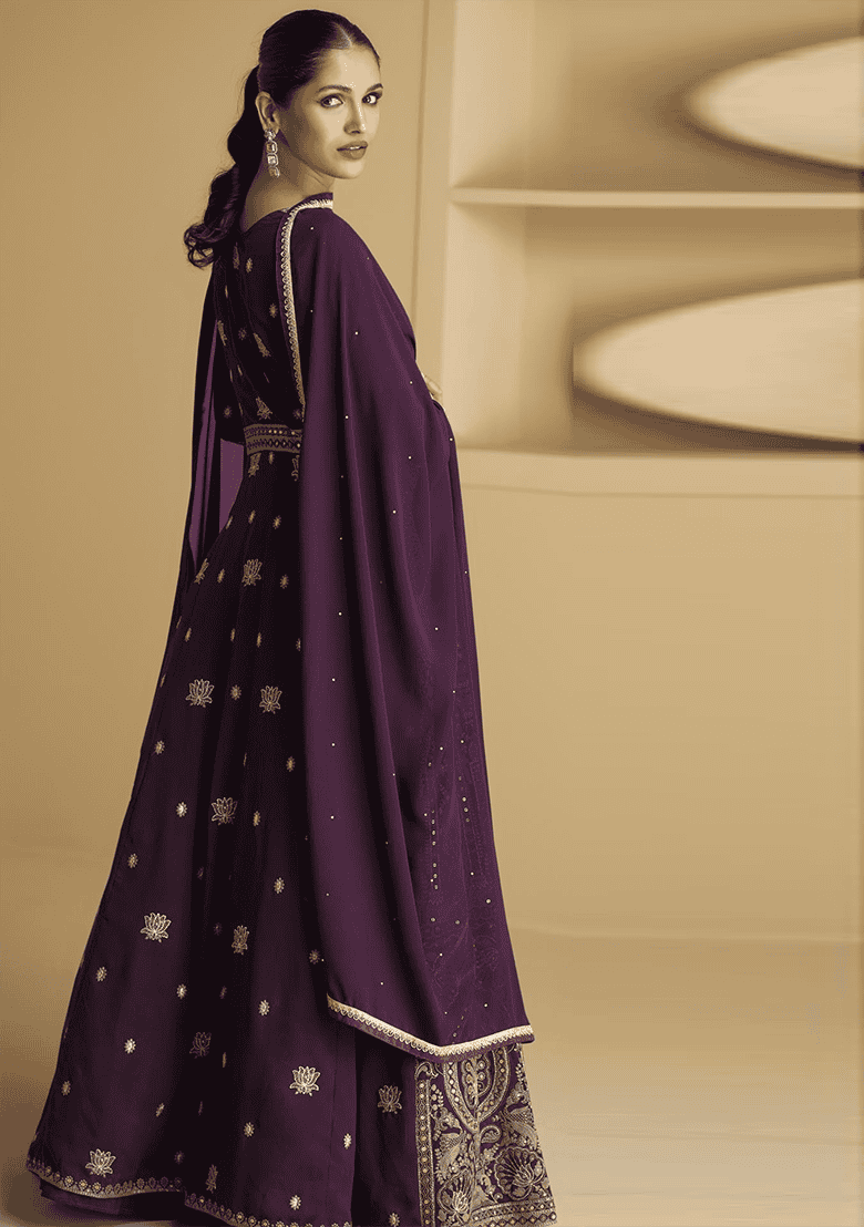 Wine Embroidered Georgette Kurta Set
