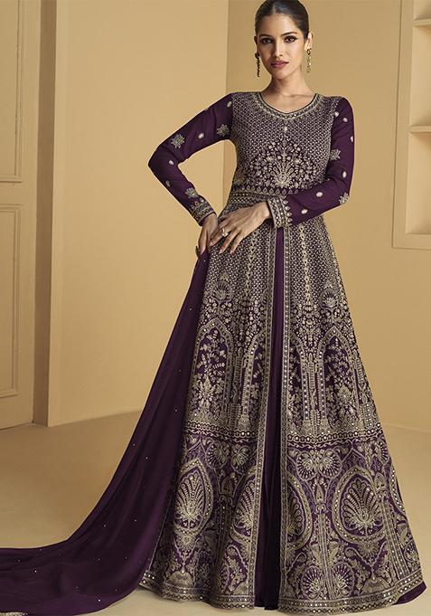 Wine Embroidered Georgette Kurta Set