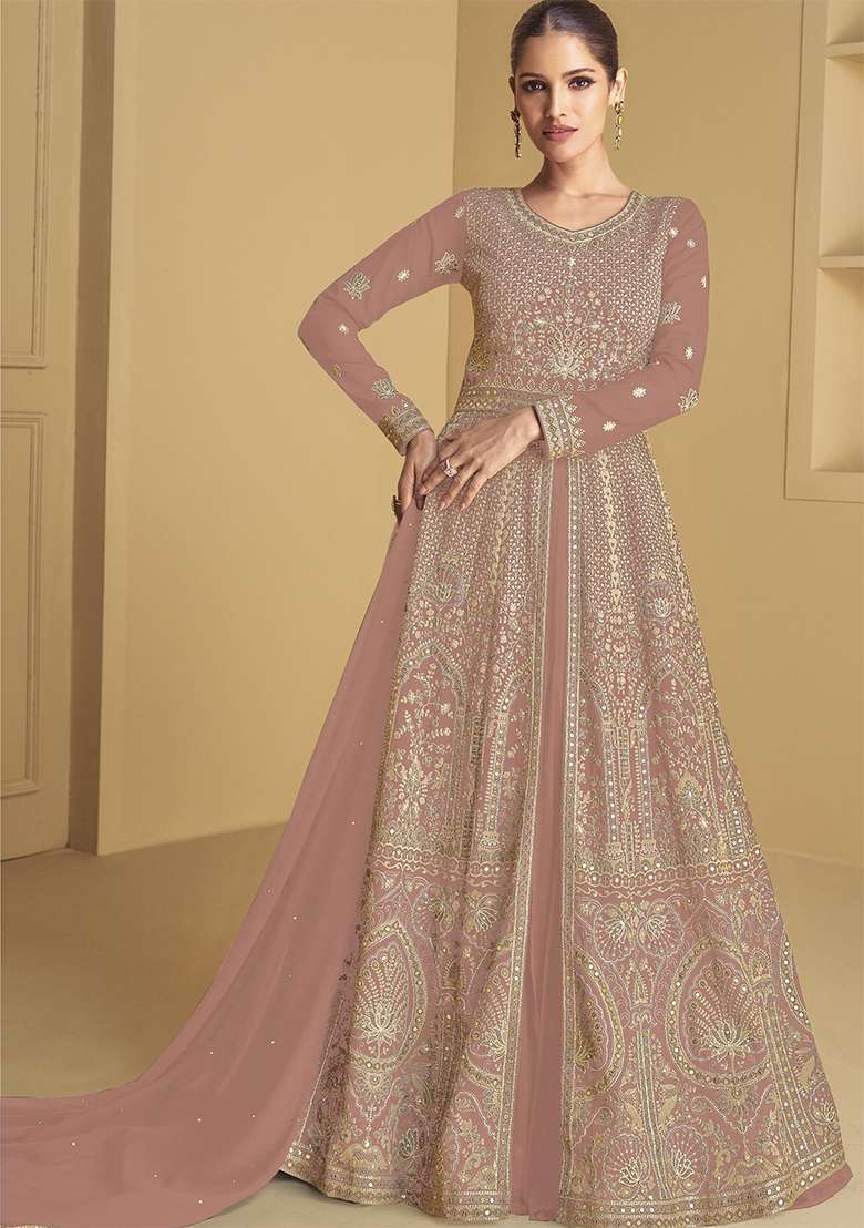 Peach Embroidered Georgette Kurta Set - Indya