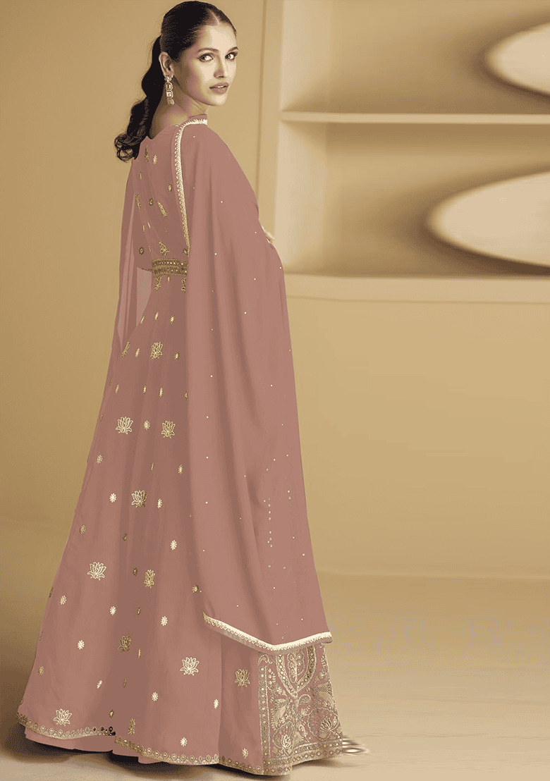 Peach Embroidered Georgette Kurta Set