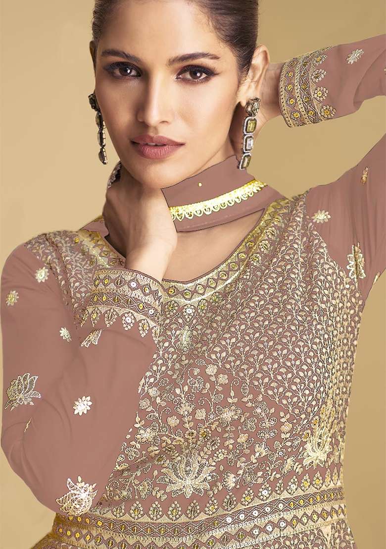 Peach Embroidered Georgette Kurta Set - Indya