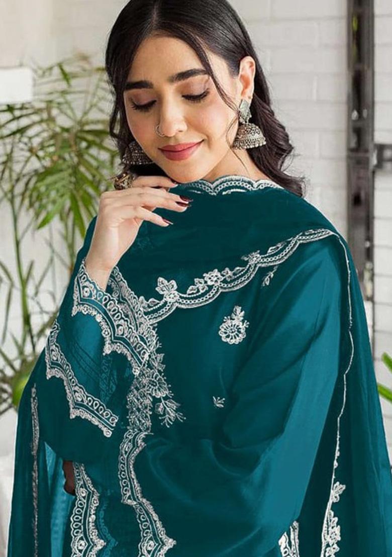 Rama Green Embroidered Georgette Kurta Set