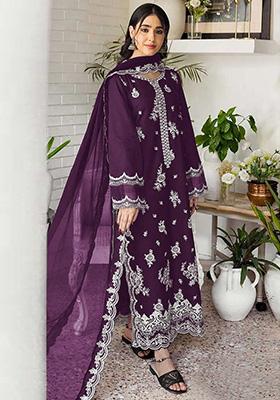 Wine Embroidered Georgette Kurta Set