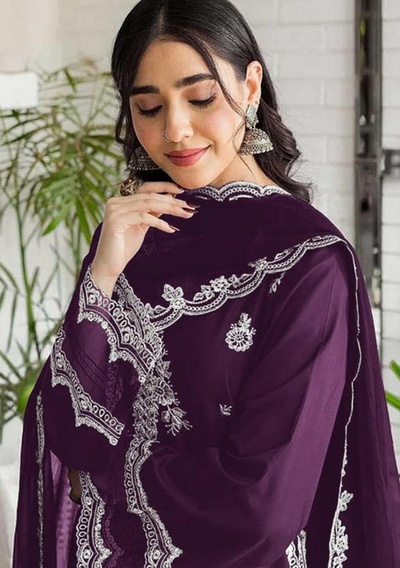 Wine Embroidered Georgette Kurta Set