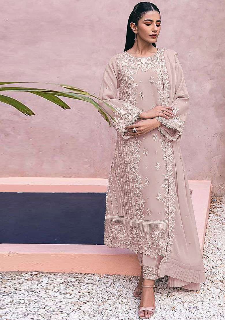 Peach Embroidered Georgette Kurta Set - Indya
