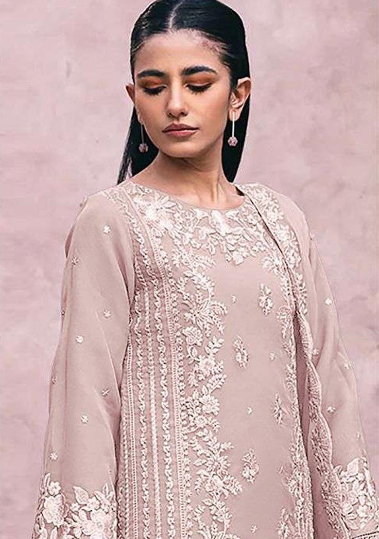 Peach Embroidered Georgette Kurta Set