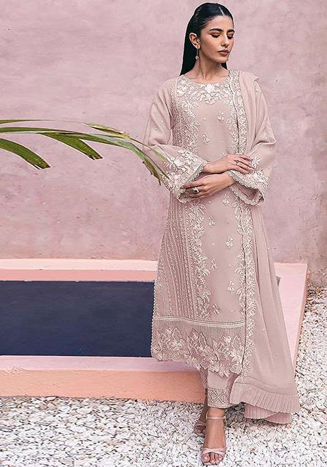 Peach Embroidered Georgette Kurta Set