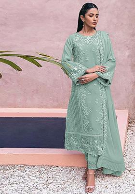 Sea Green Embroidered Georgette Kurta Set