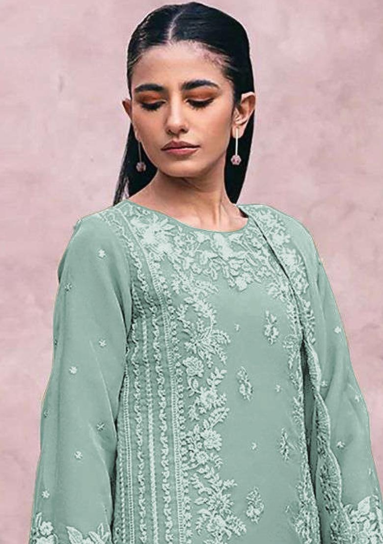 Sea Green Embroidered Georgette Kurta Set