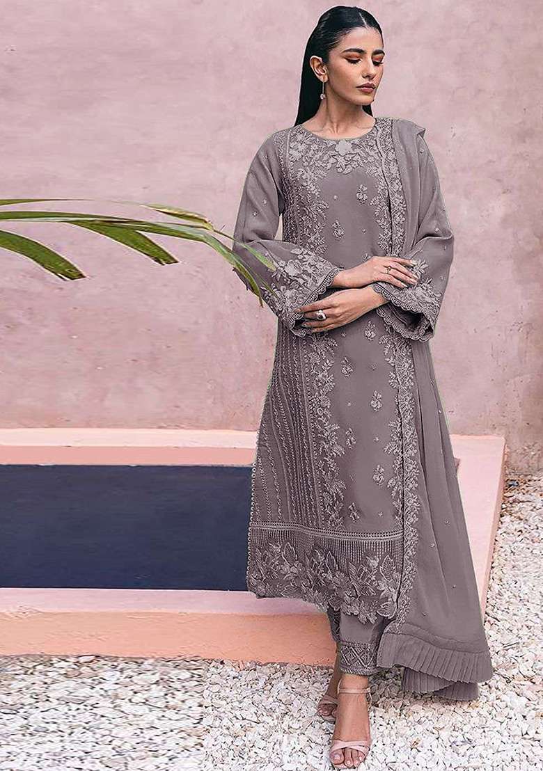 Lavender Embroidered Georgette Kurta Set - Indya