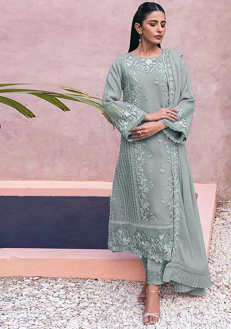 Grey Embroidered Georgette Kurta Set - Indya