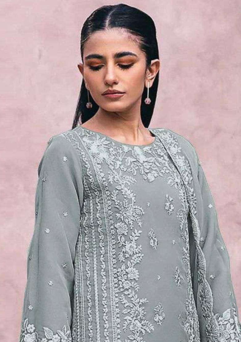 Grey Embroidered Georgette Kurta Set