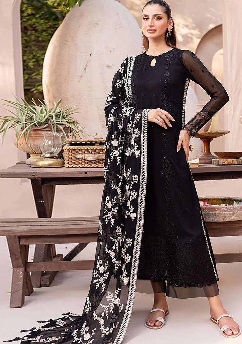 Black Embroidered Georgette Kurta Set - Indya