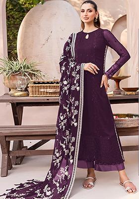 Wine Embroidered Georgette Kurta Set