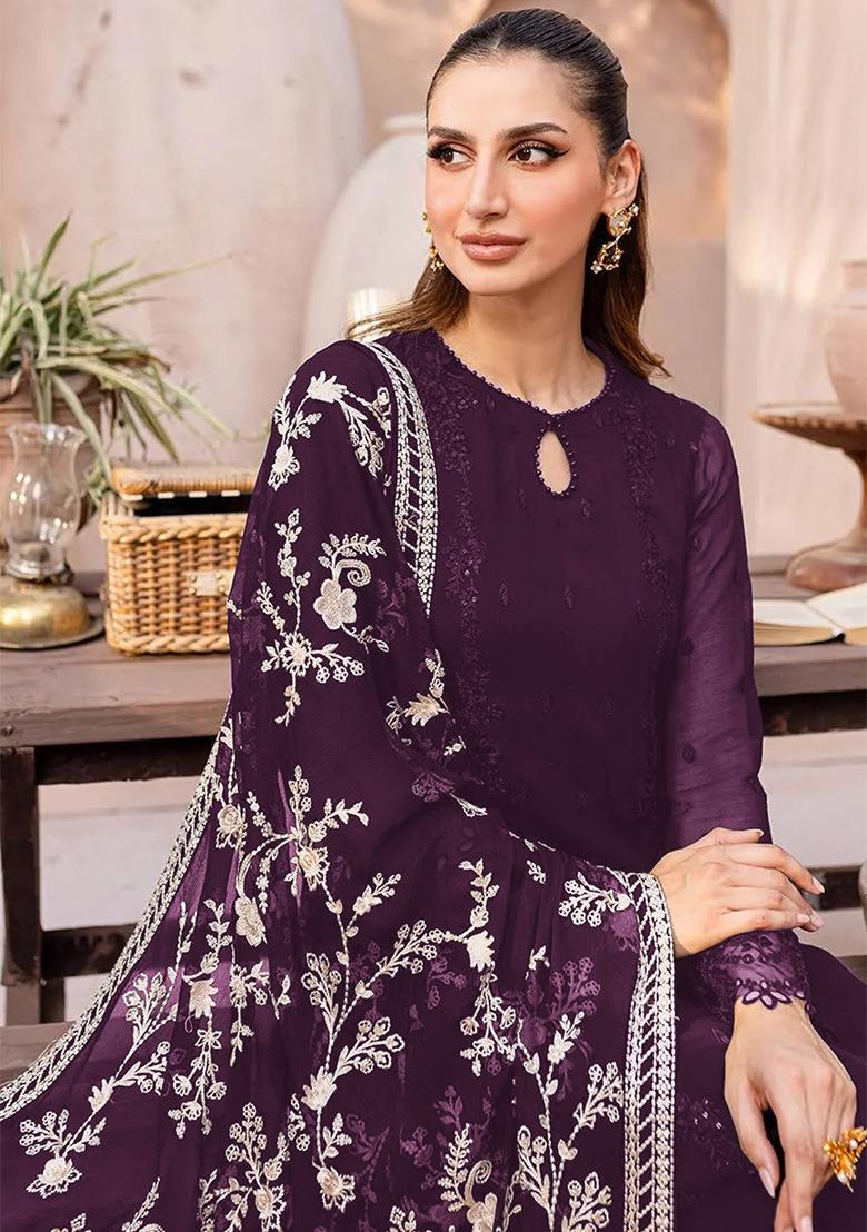 Wine Embroidered Georgette Kurta Set