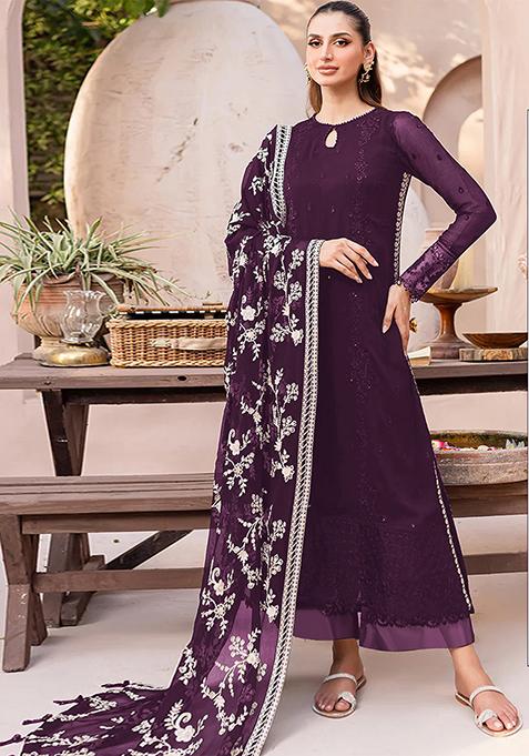 Wine Embroidered Georgette Kurta Set