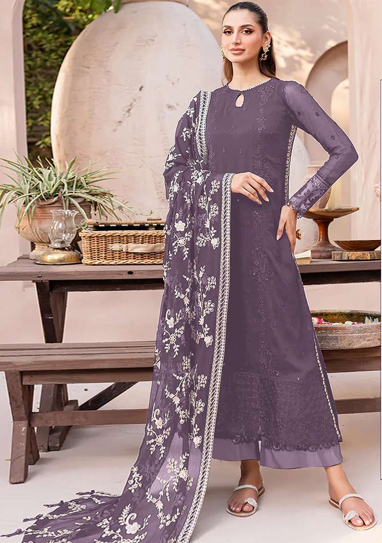 Lavender Embroidered Georgette Kurta Set - Indya