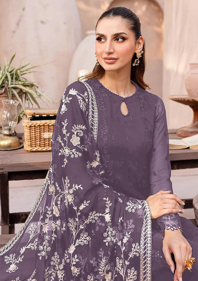 Lavender Embroidered Georgette Kurta Set