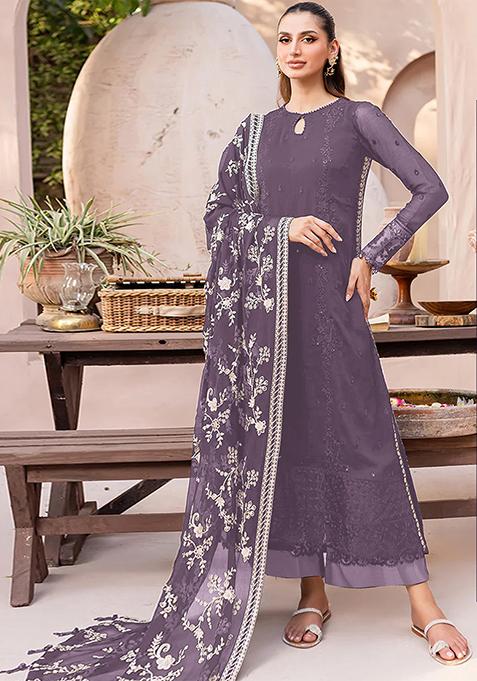 Lavender Embroidered Georgette Kurta Set
