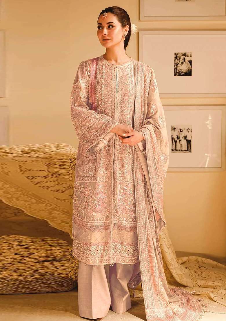 Peach Embroidered Georgette Kurta Set - Indya
